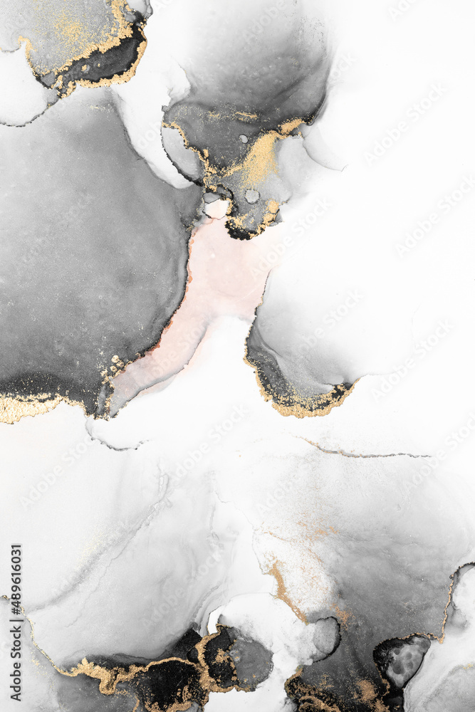 Black gold abstract background of marble liquid ink art painting on paper . Image of original artwor