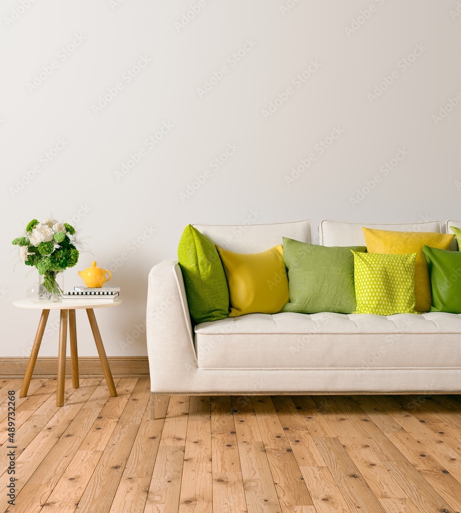 白色客厅彩色家具。斯堪的纳维亚室内设计。3D插图