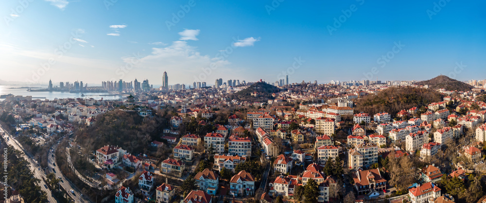 Aerial photography of the coastline scenery of the old city of Qingdao, China