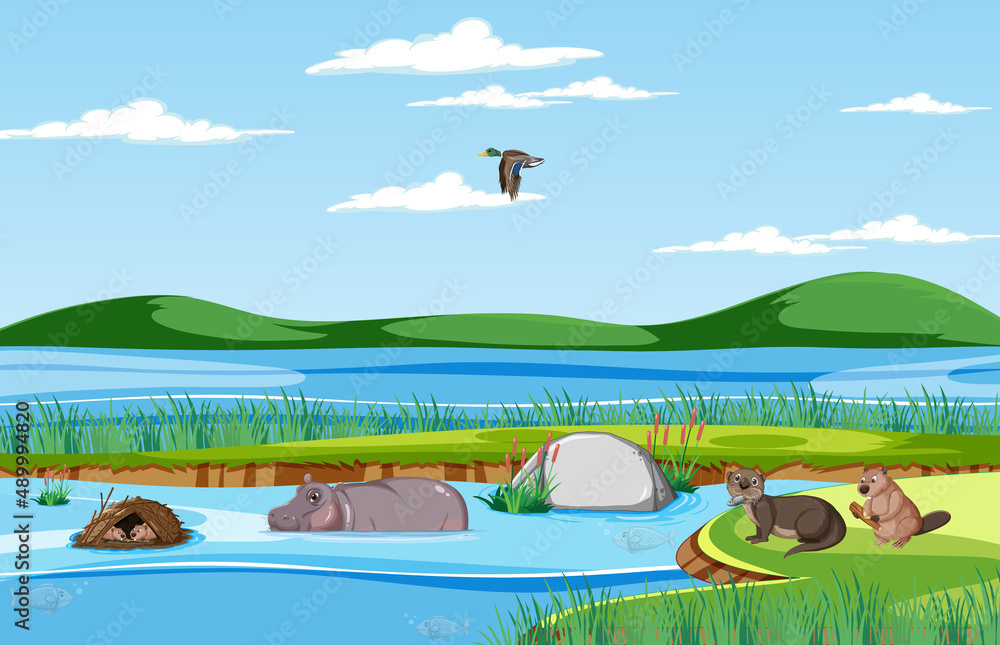 湖边有许多动物的场景
