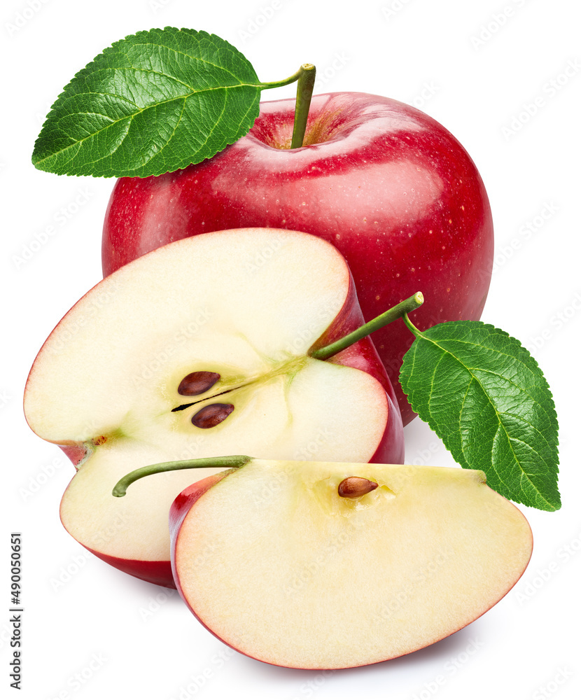 苹果被隔离在白色背景上。苹果修剪路径。苹果有叶子