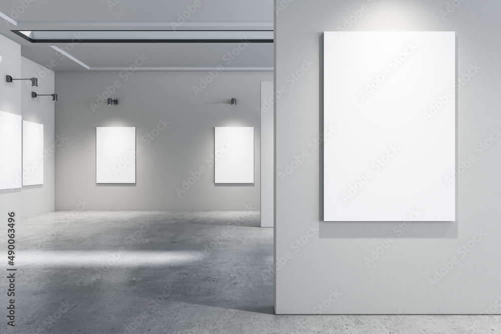 Contemporary concrete gallery interior with empty white mock up posters. Exhibition concept. 3D Rend