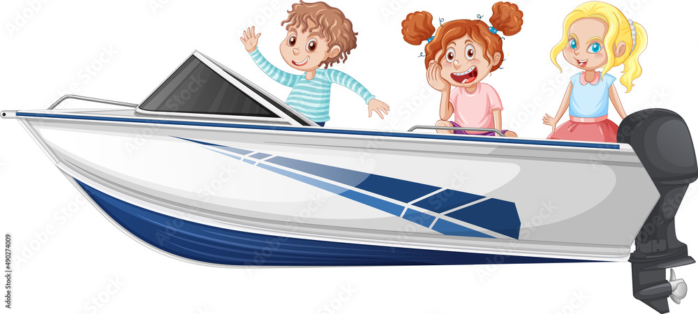 圣诞男孩和女孩站在白底船上