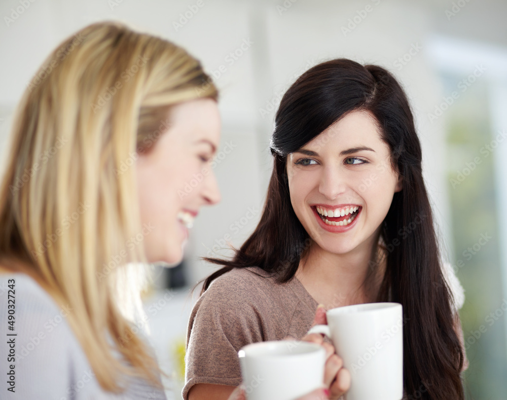 做一些追赶。两个快乐的年轻女人在家一起喝咖啡。