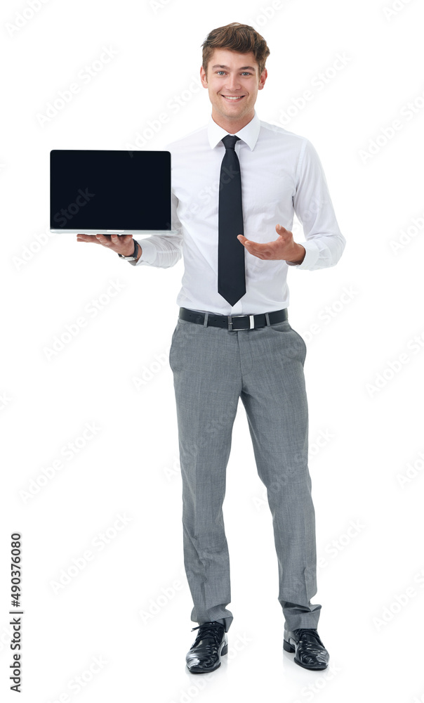 看看最新的型号。一个商人拿着一台笔记本电脑——复制空间。