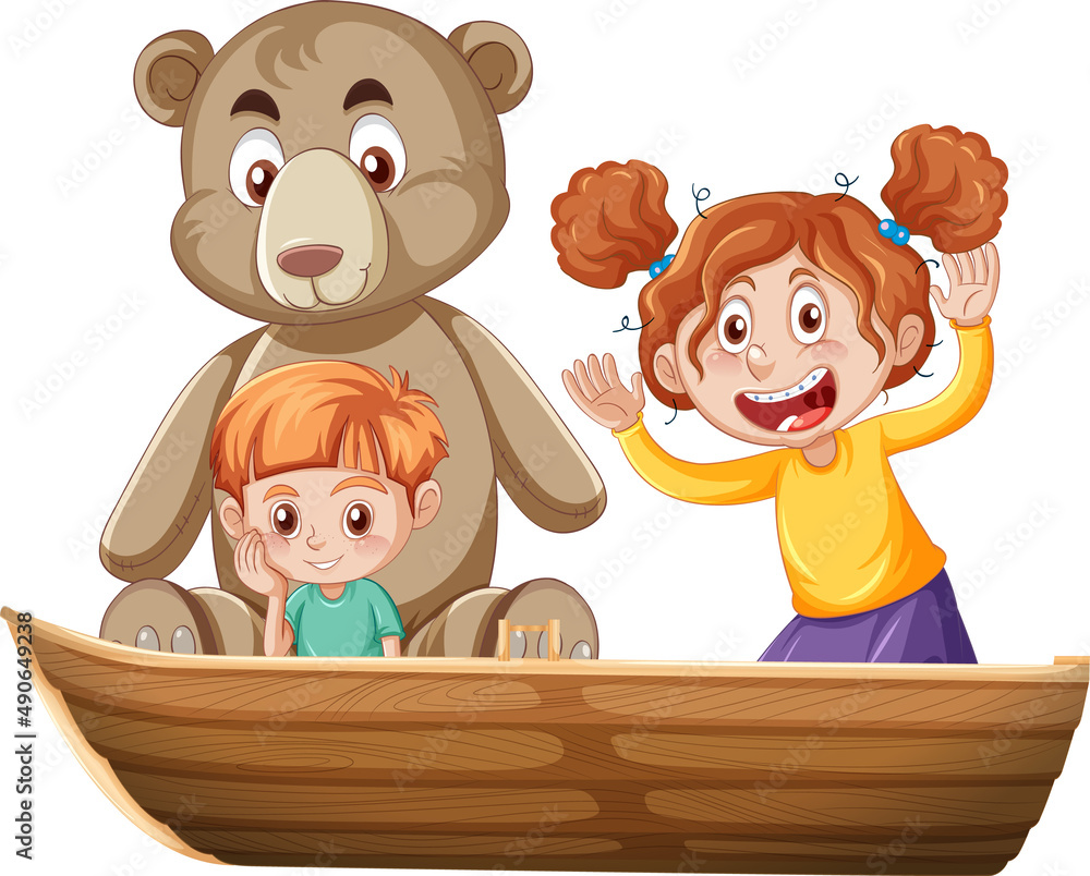 男孩、女孩和泰迪熊坐在白底船上