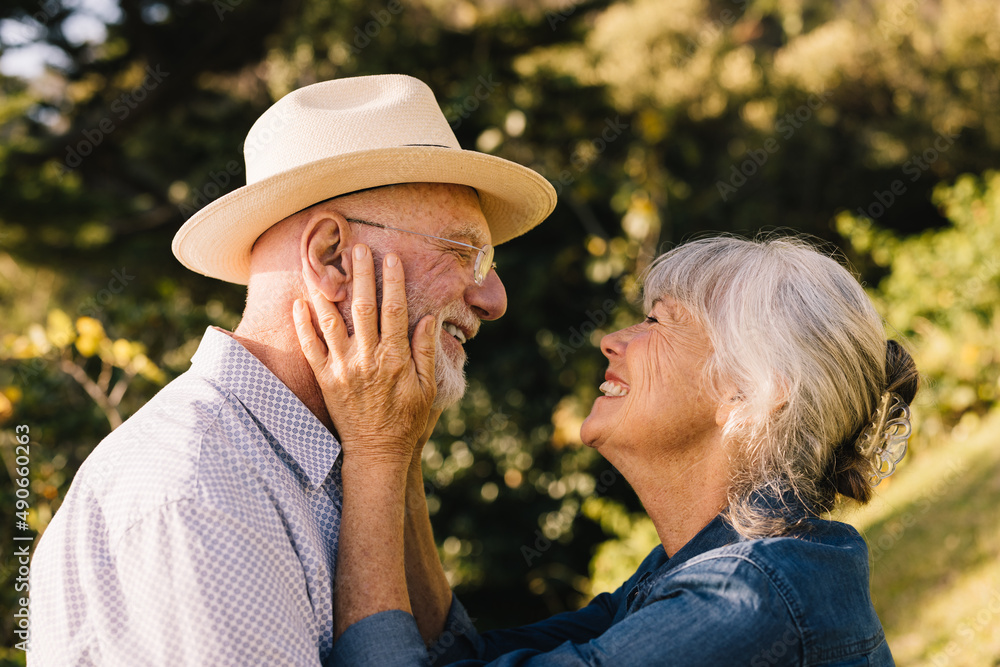 一对快乐的老年夫妇互相微笑，表达他们的爱