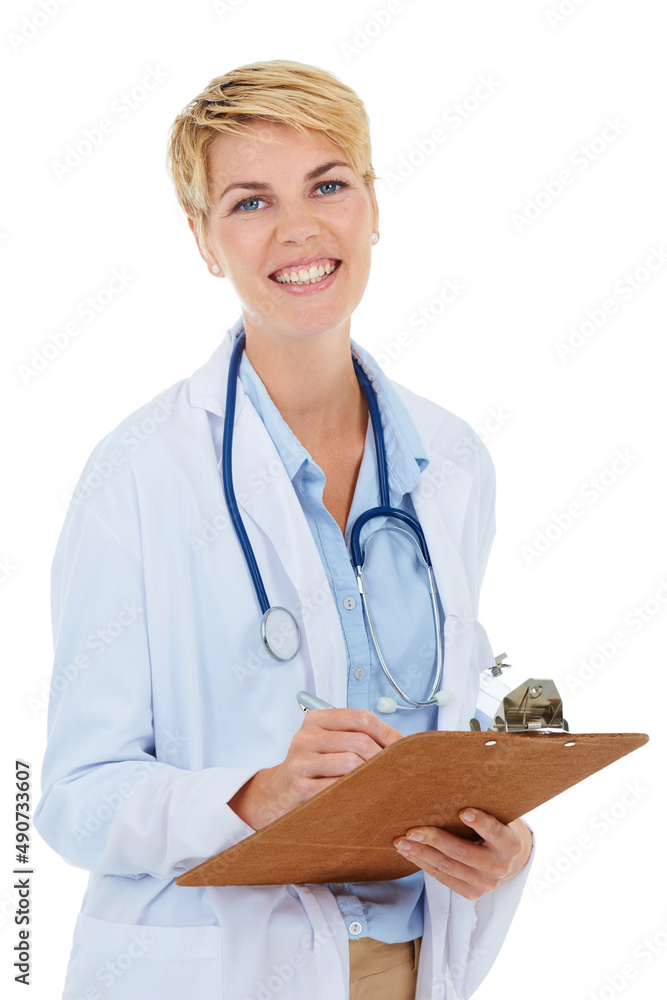 壳牌很快就让你起床跑步了。一位年轻的女医生在剪贴板上写字。