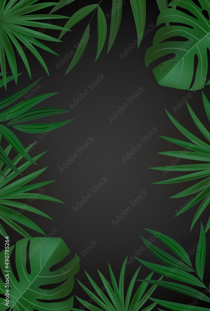 自然逼真的绿色和金色棕榈叶热带背景。插图