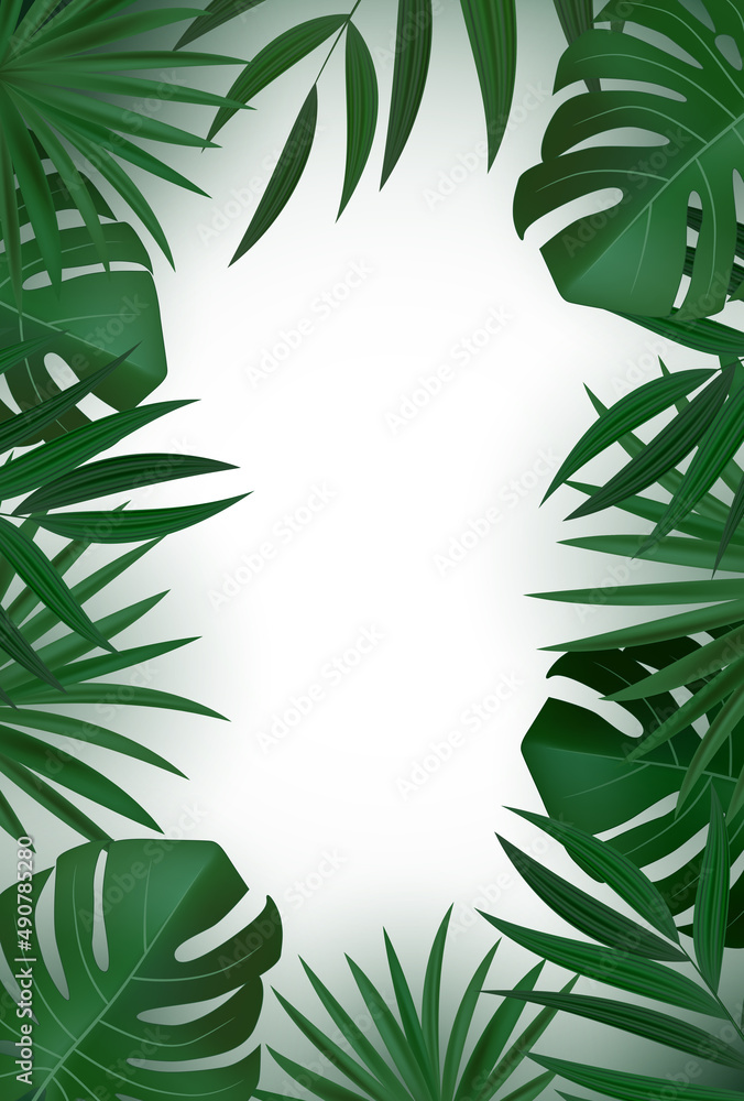 自然逼真的绿色棕榈叶热带背景。插图