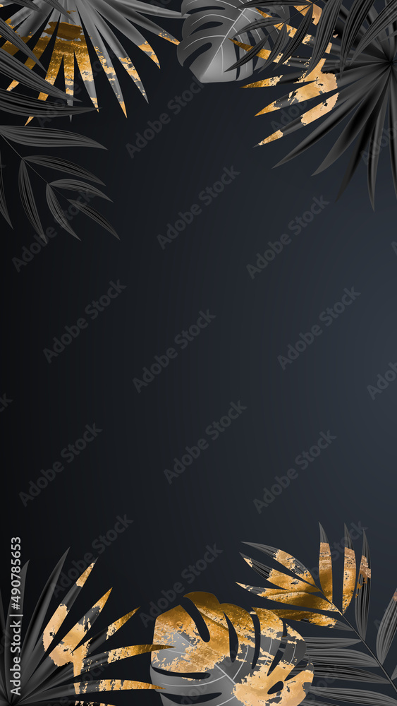 Natural Realistic Black and Gold Palm Leaf Tropical Background. illustration