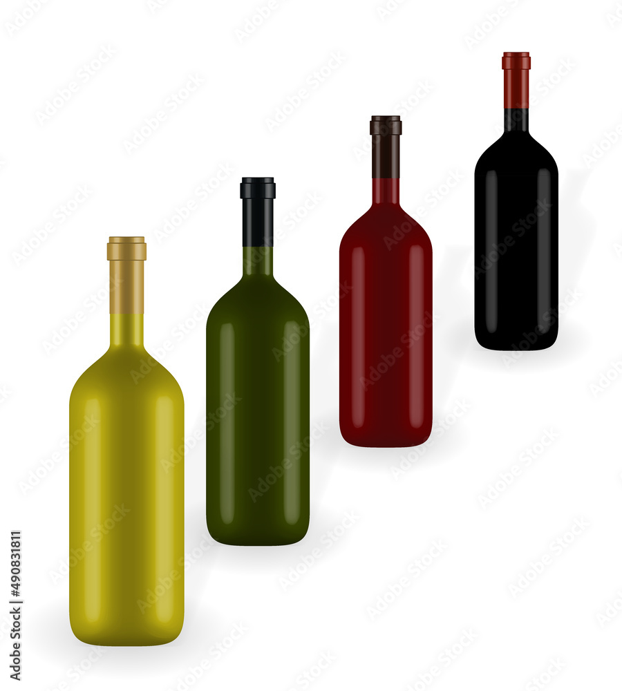 色彩缤纷的自然主义闭合3D酒瓶，不同颜色，无标签。插图
