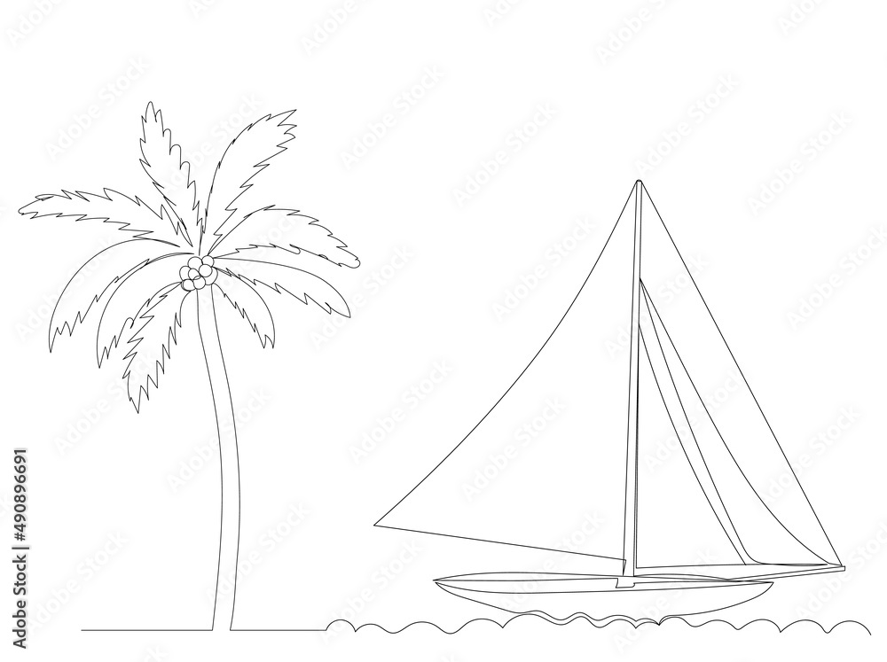 棕榈树和帆船画成一条连续线，孤立矢量
