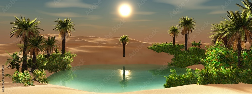 日落时分的沙漠绿洲，棕榈树环绕的沙漠全景，3d渲染