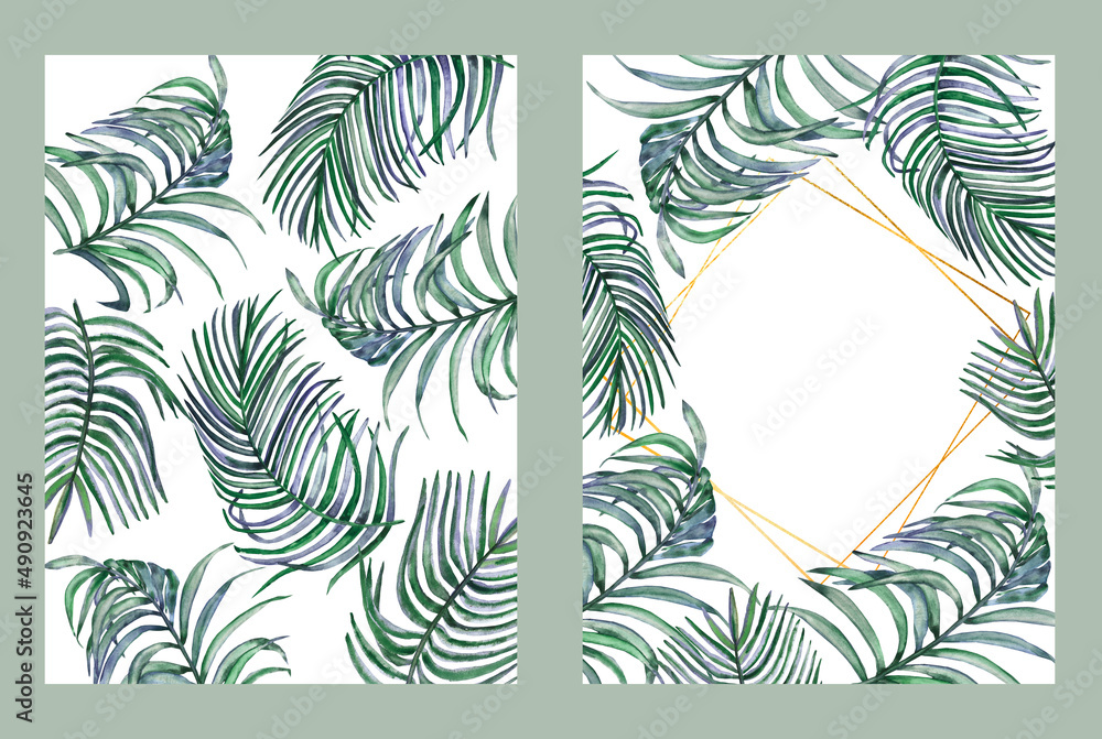 水彩手绘自然热带卡片套装，绿色棕榈叶构图框架和背面