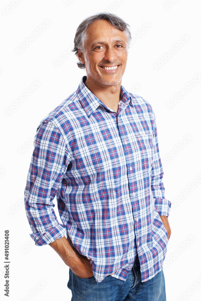 Smart business man smiling. Portrait of casually dressed mature business man smiling over white back