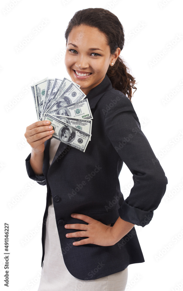 Success is finally here. Studio portrait of an attractive young businesswoman holding fanned-out mon