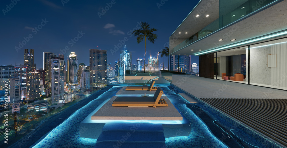 豪华别墅外观设计，无边泳池处有美丽的夜城景观。3d渲染