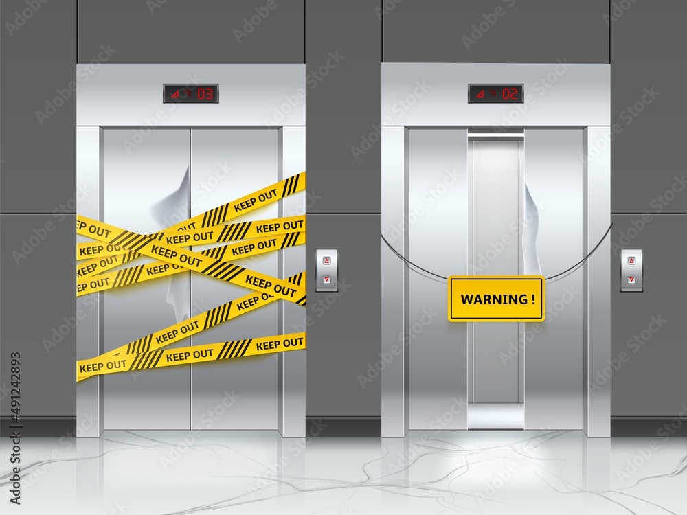 破损的现实电梯。正在维修的电梯门。警示带。建筑机械故障。