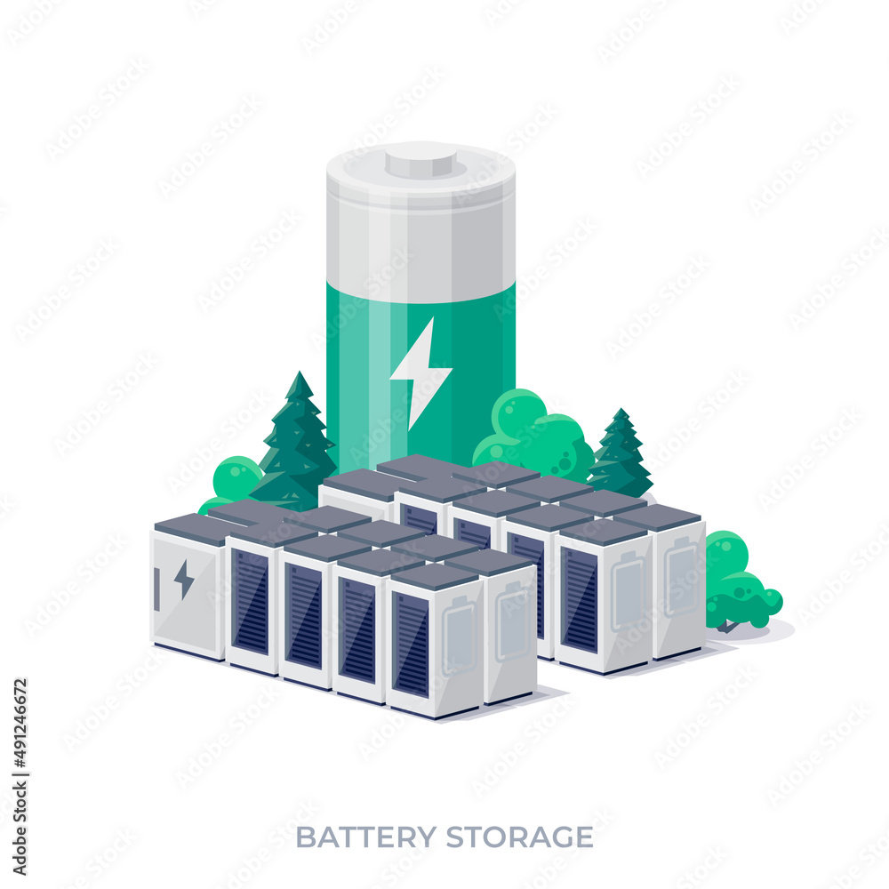 Rechargeable battery energy storage stationary for renewable power plant. Isolated vector illustrati