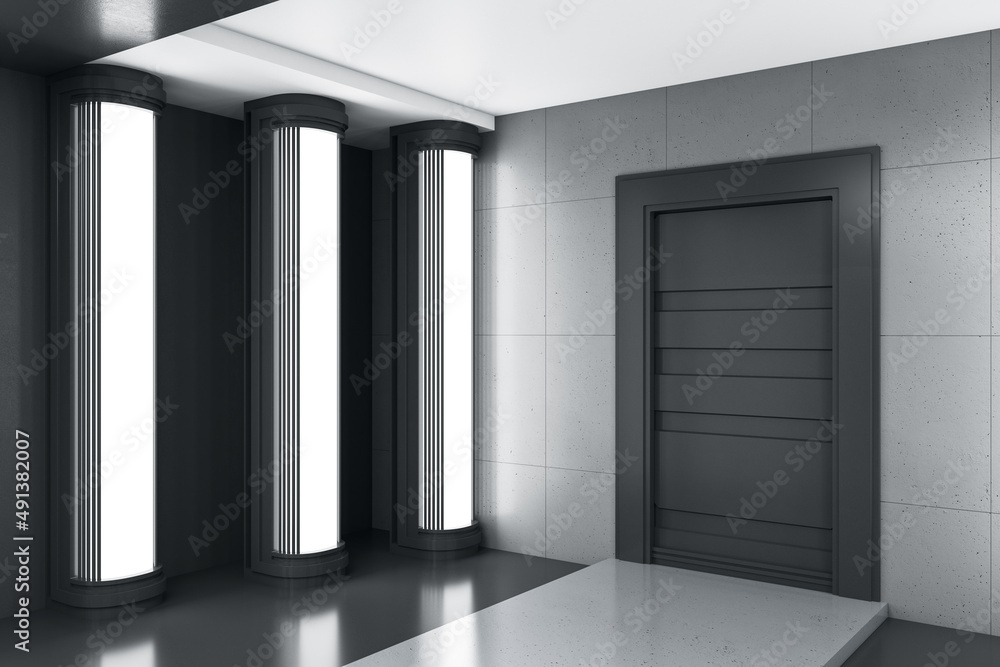 Contemporary luxury interior with door and reflections. Design concept. 3D Rendering.