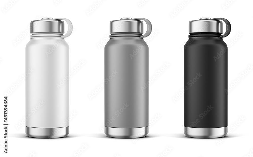 White Gray and Black Thermos Bottles. Aluminium Thermos Bottle on White Background. 3d rendering moc