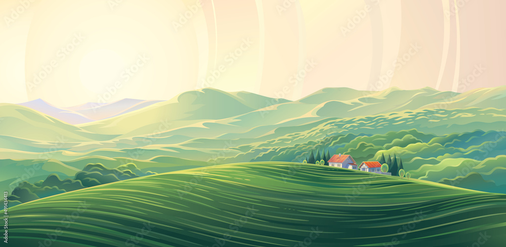 背景为村庄和山丘的乡村夏季景观。矢量插图。