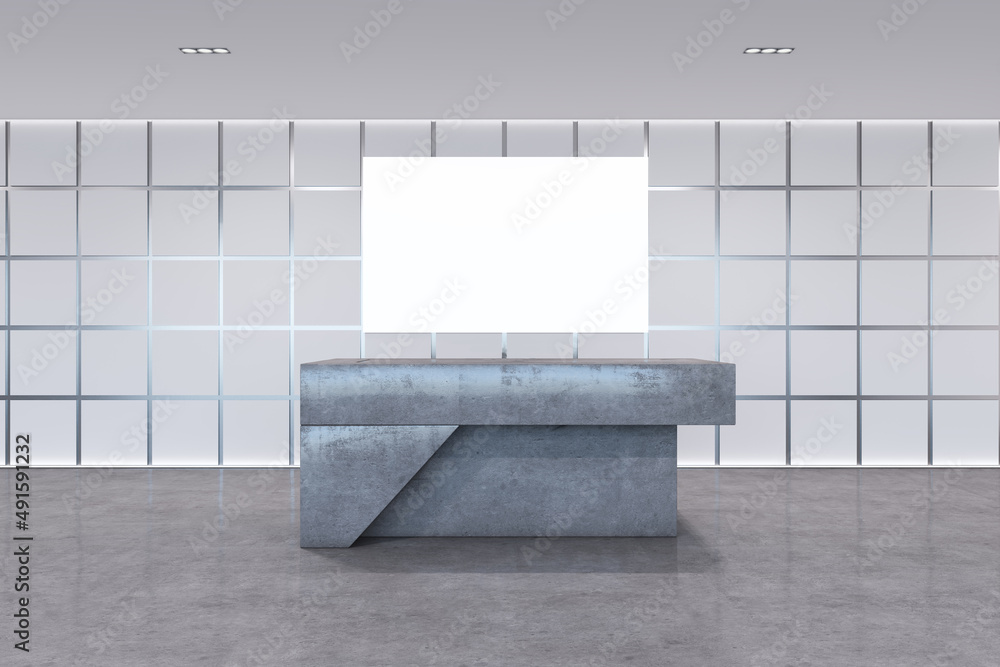 现代室内，带空白的白色模型，抽象的混凝土接待台。办公室或酒店lo
