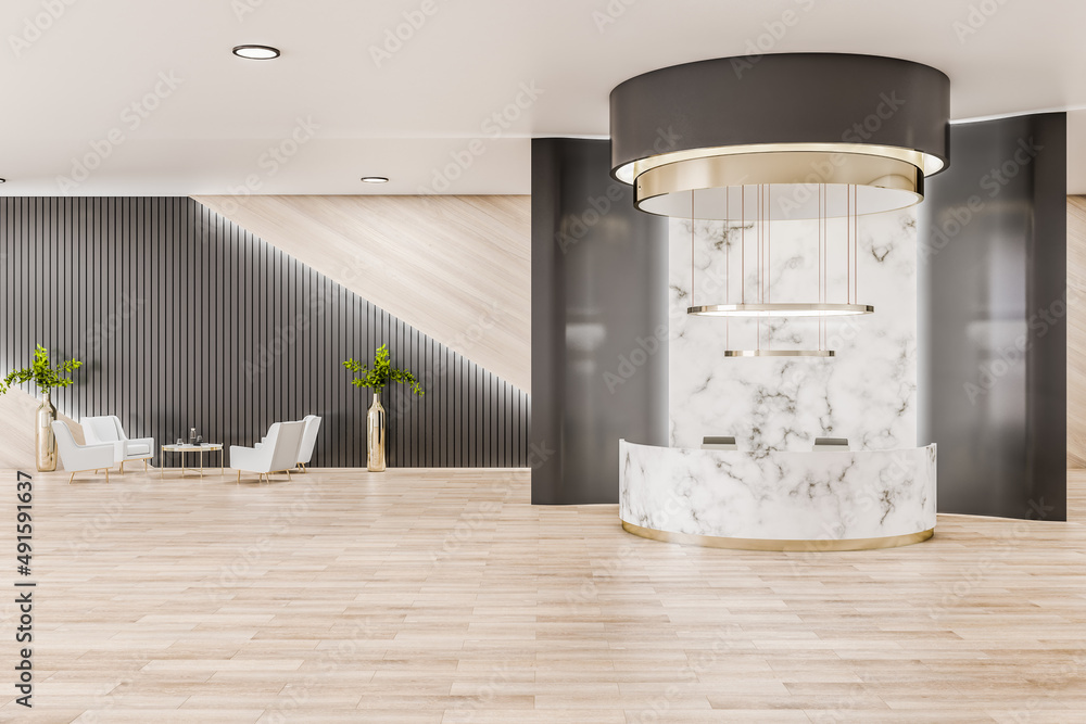 Modern wooden and marble office reception interior with desk and other objects. Waiting area concept