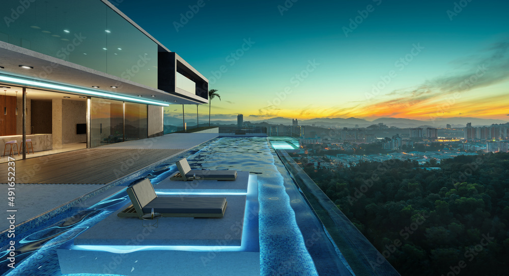 Luxury villa exterior design with beautiful sunrise landscape at the infinity pool
