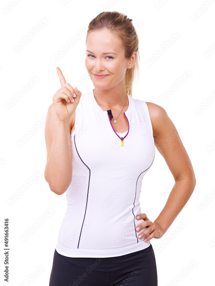 健身，快乐。一个穿着运动服的漂亮女人的工作室肖像，白色隔离。