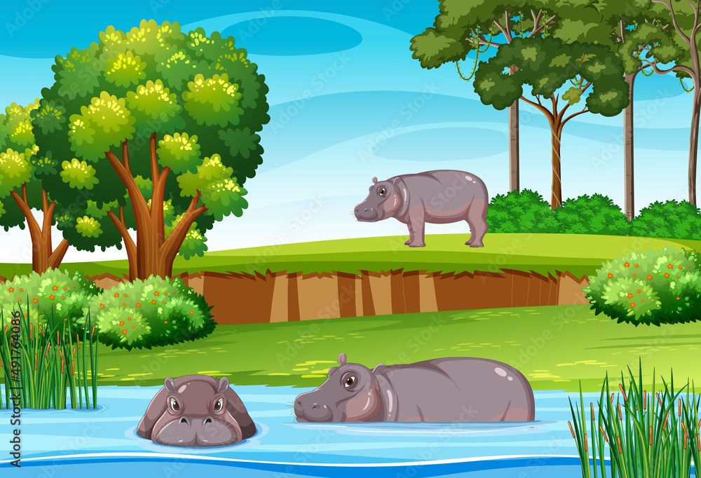 Hippopotamus living on nature scene