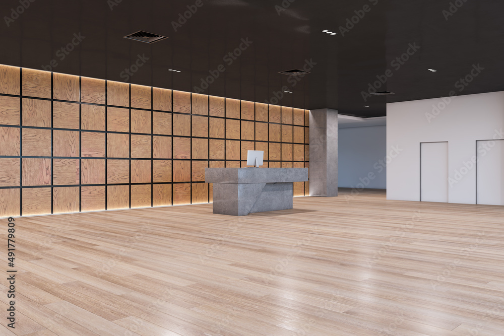 现代木质内饰，带抽象混凝土接待台。办公室或酒店大堂概念。3