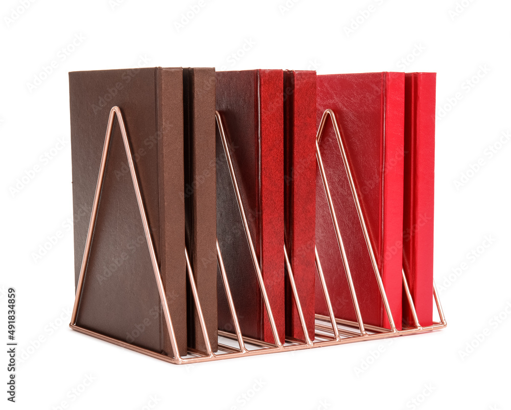 Metal organizer with books on white background