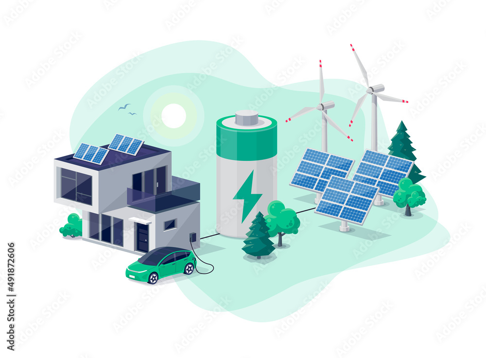 具有现代住宅光伏太阳能电池板工厂、风能和可再生能源的家庭虚拟电池储能