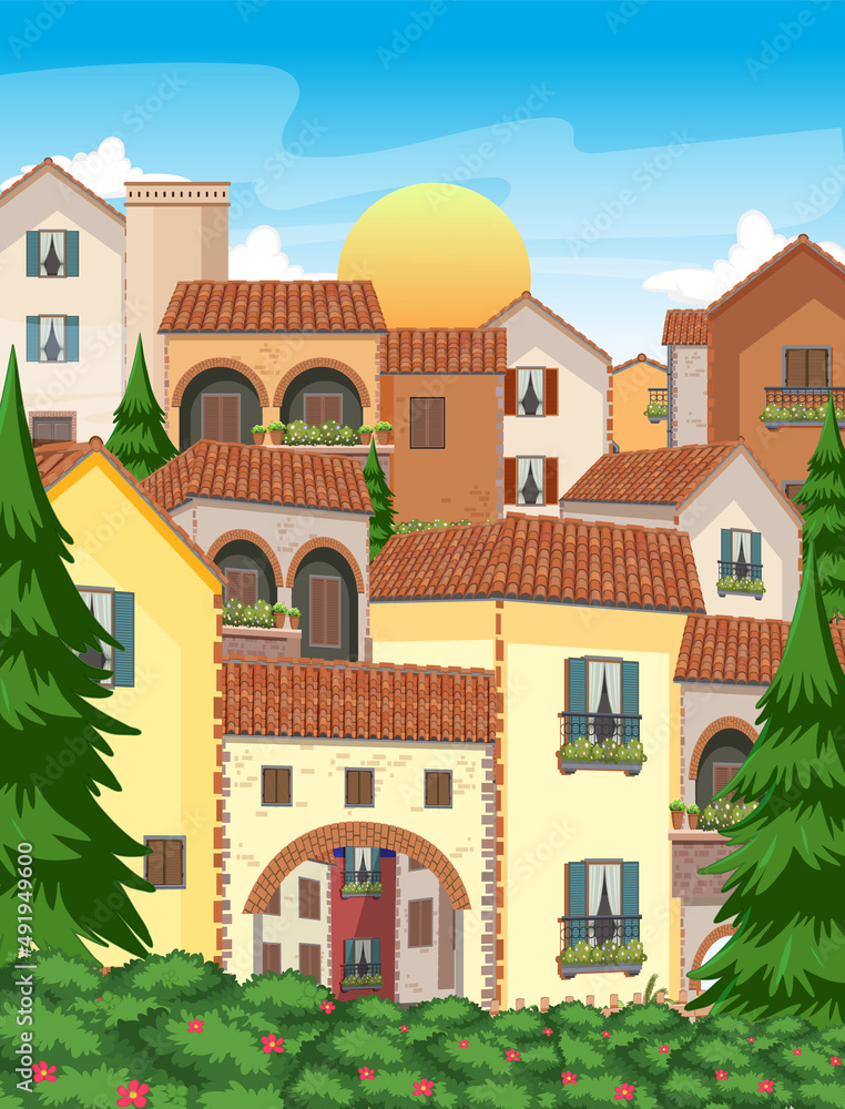 意大利城镇风格的房屋和建筑景观