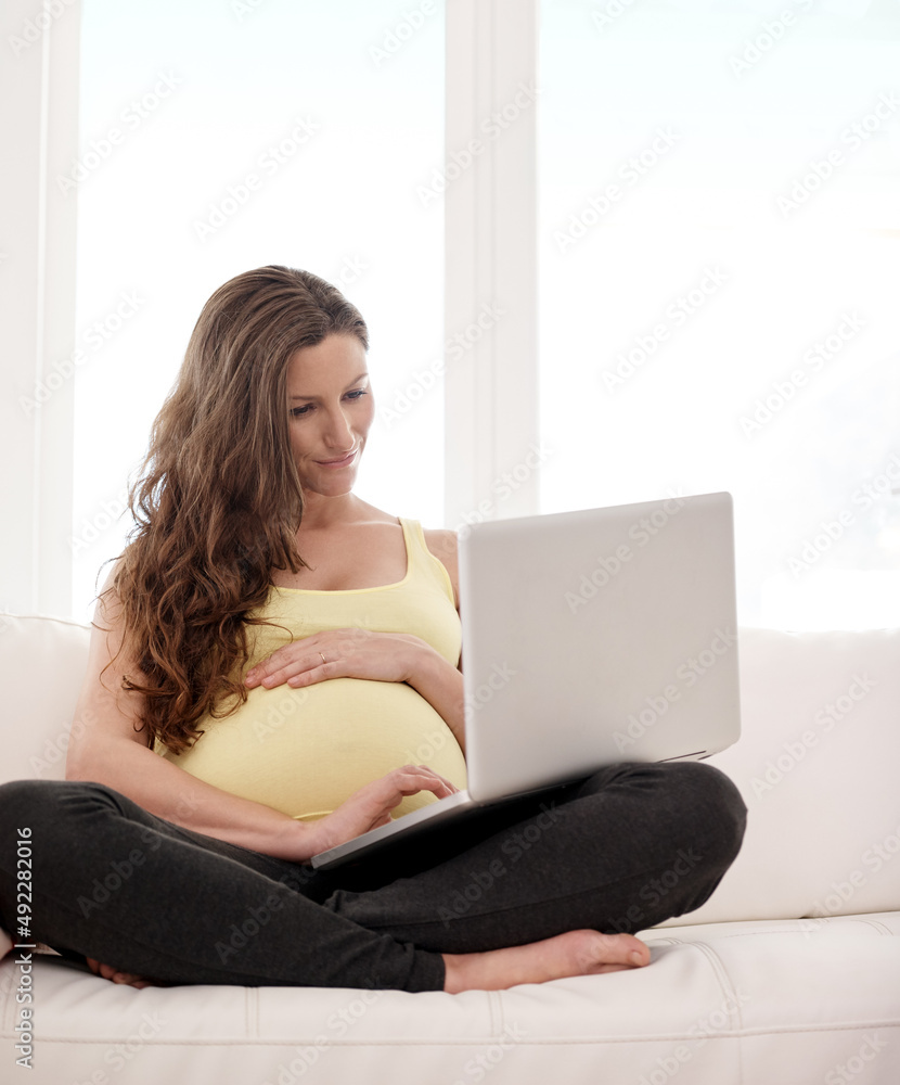 浏览怀孕提示。一张年轻孕妇在家用笔记本电脑工作的照片。