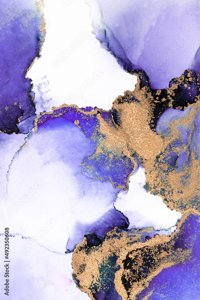 Purple gold abstract background of marble liquid ink art painting on paper . Image of original artwo