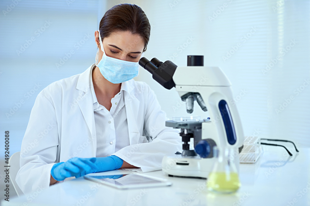仔细观察以帮助保持准确性。一名女性科学家在实验室独自工作的照片。