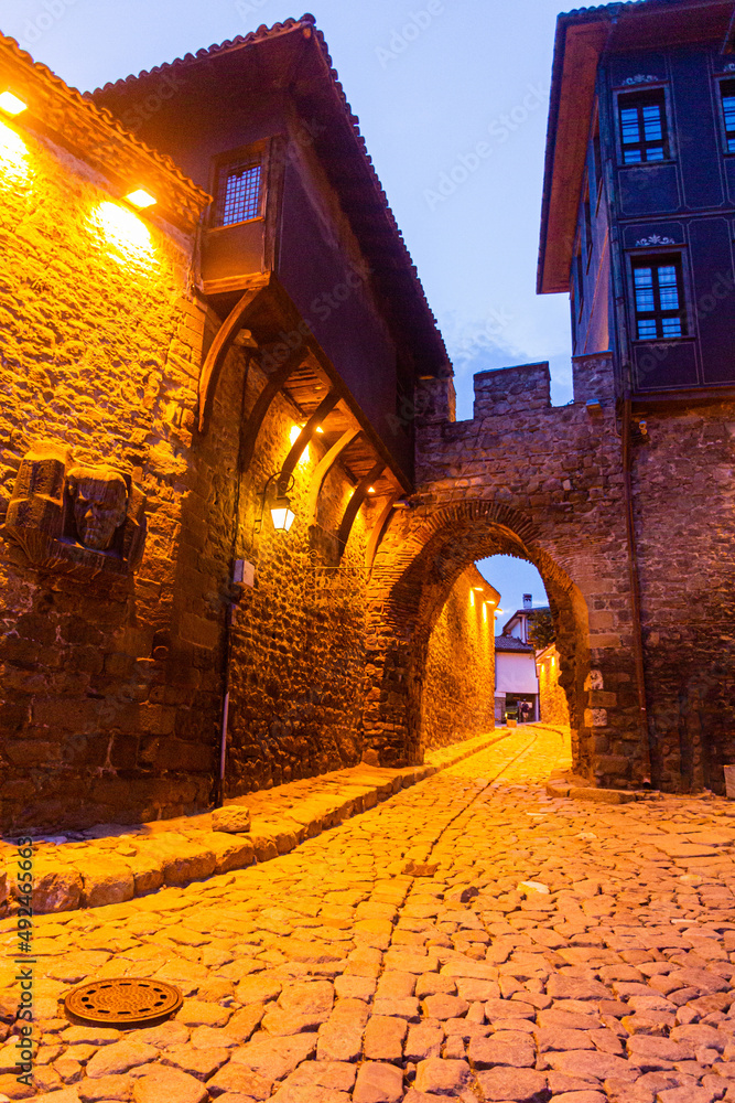Evening view of a cobbled street in Plovdiv, Bulgaria