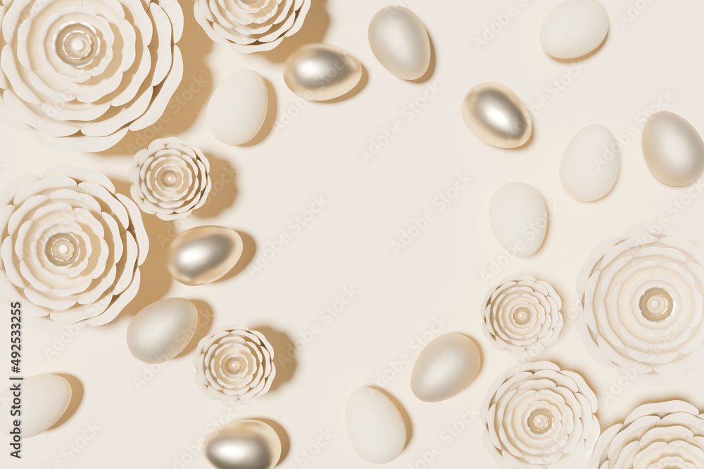 象牙复活节彩蛋花环的三维渲染图，米色背景上有花
