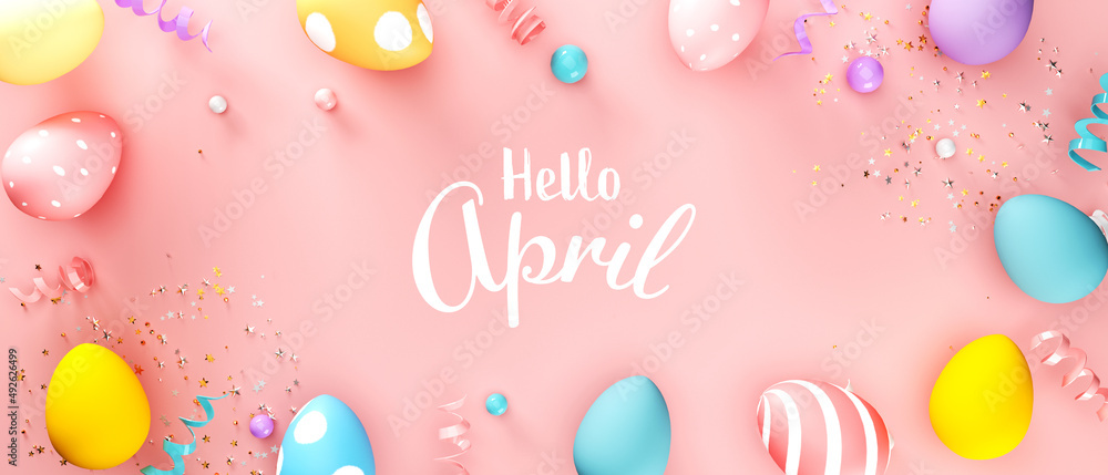您好，4月消息，带有彩色复活节彩蛋和春季假日粉彩
