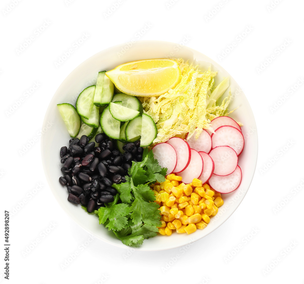 Bowl with ingredients for Mexican vegetable salad on white background
