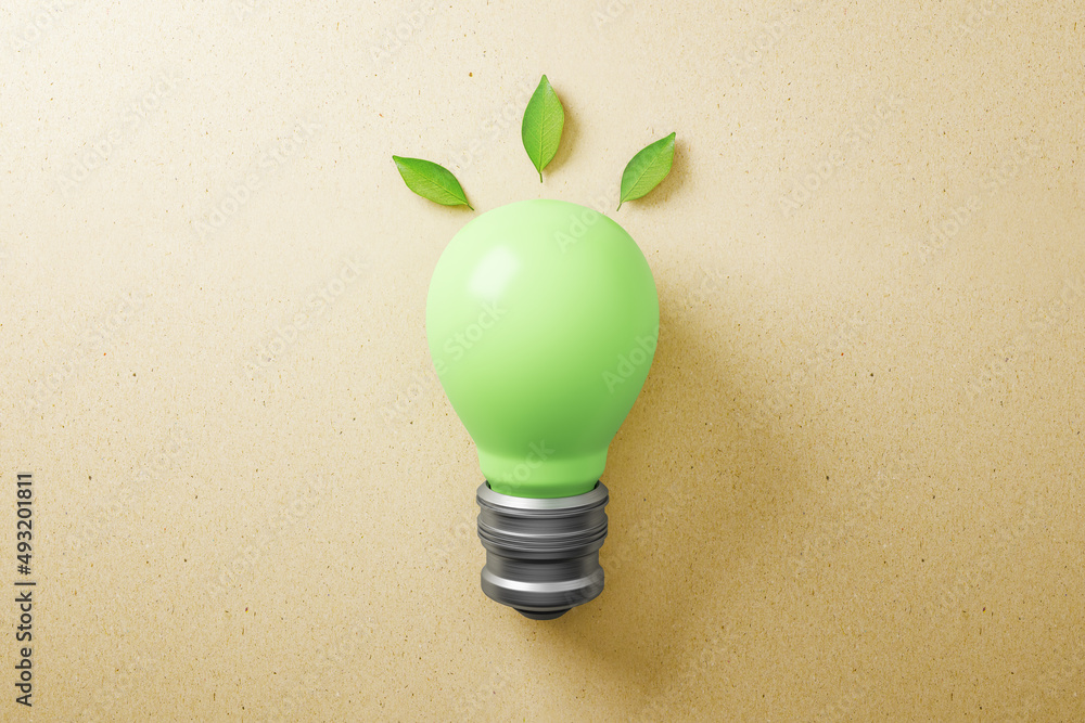 Abstract green lamp on brown background. Energy and save concept. 3D Rendering.