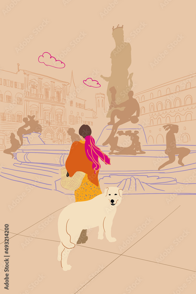 在弗洛伦茨旅行时，一位美丽的女士带着她的狗站在著名的海王星喷泉前