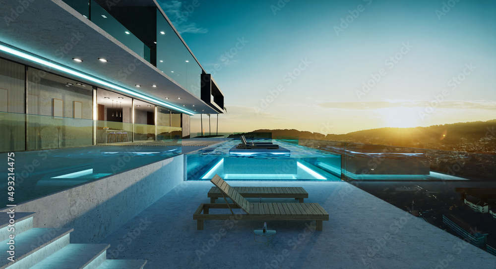无边泳池日落美景的豪华别墅外观设计