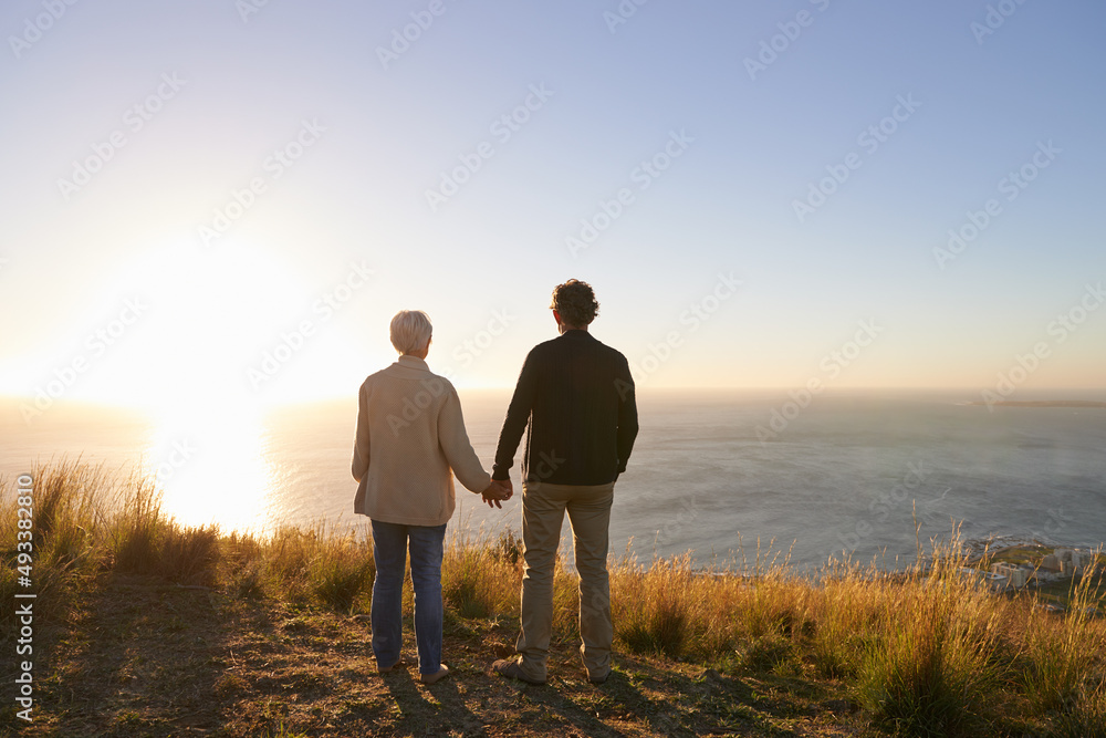 一起面对生活。一对老年夫妇一起站在山坡上的画面。
