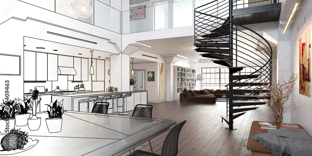带螺旋楼梯和家具的现代Mansarde公寓（草案）-全景三维可视化