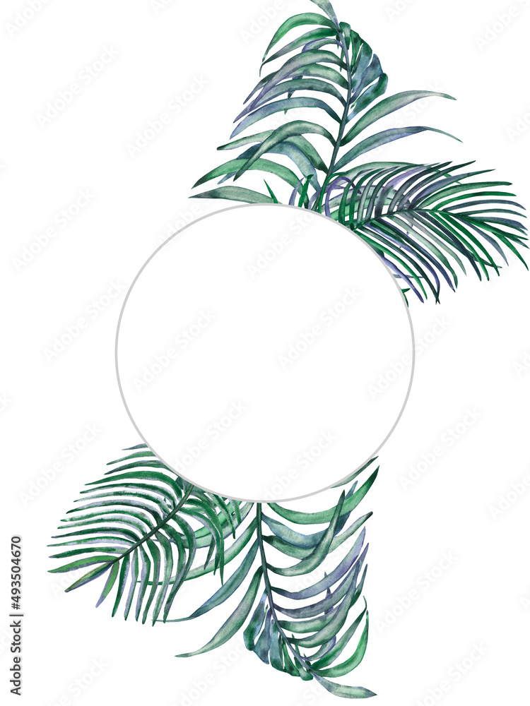 水彩手绘自然热带圆形边框，绿紫色棕榈叶合成