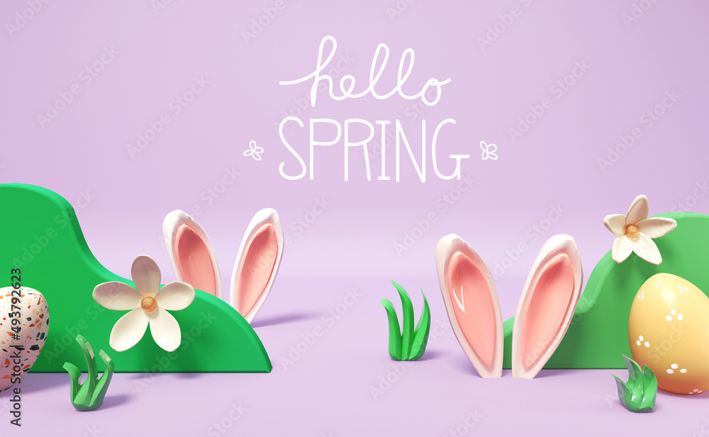 兔子耳朵和复活节彩蛋的春天你好